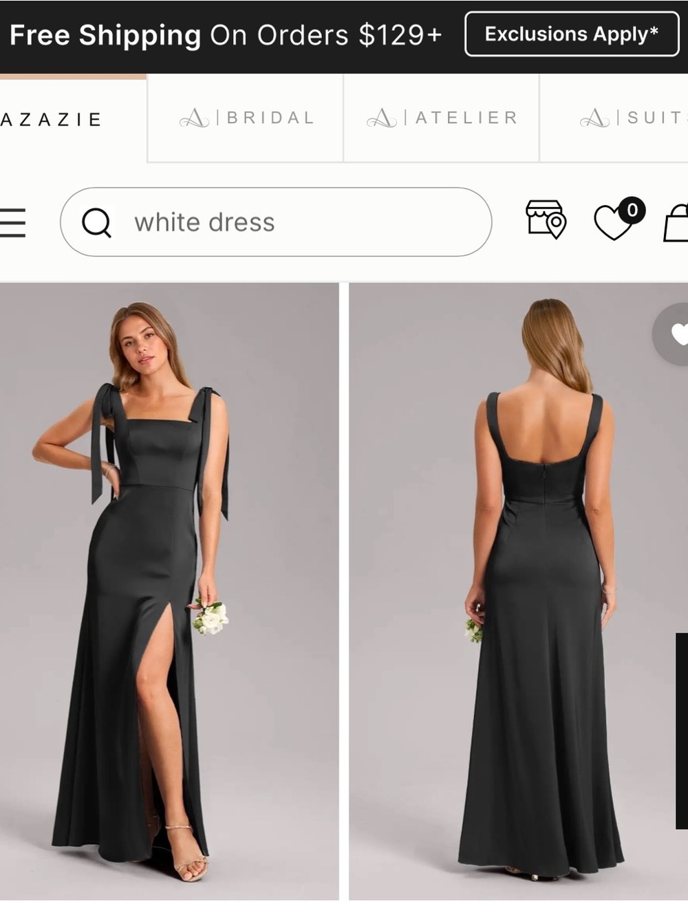 Azazie Black Satin Maxi Dress with Tie-Shoulder Straps